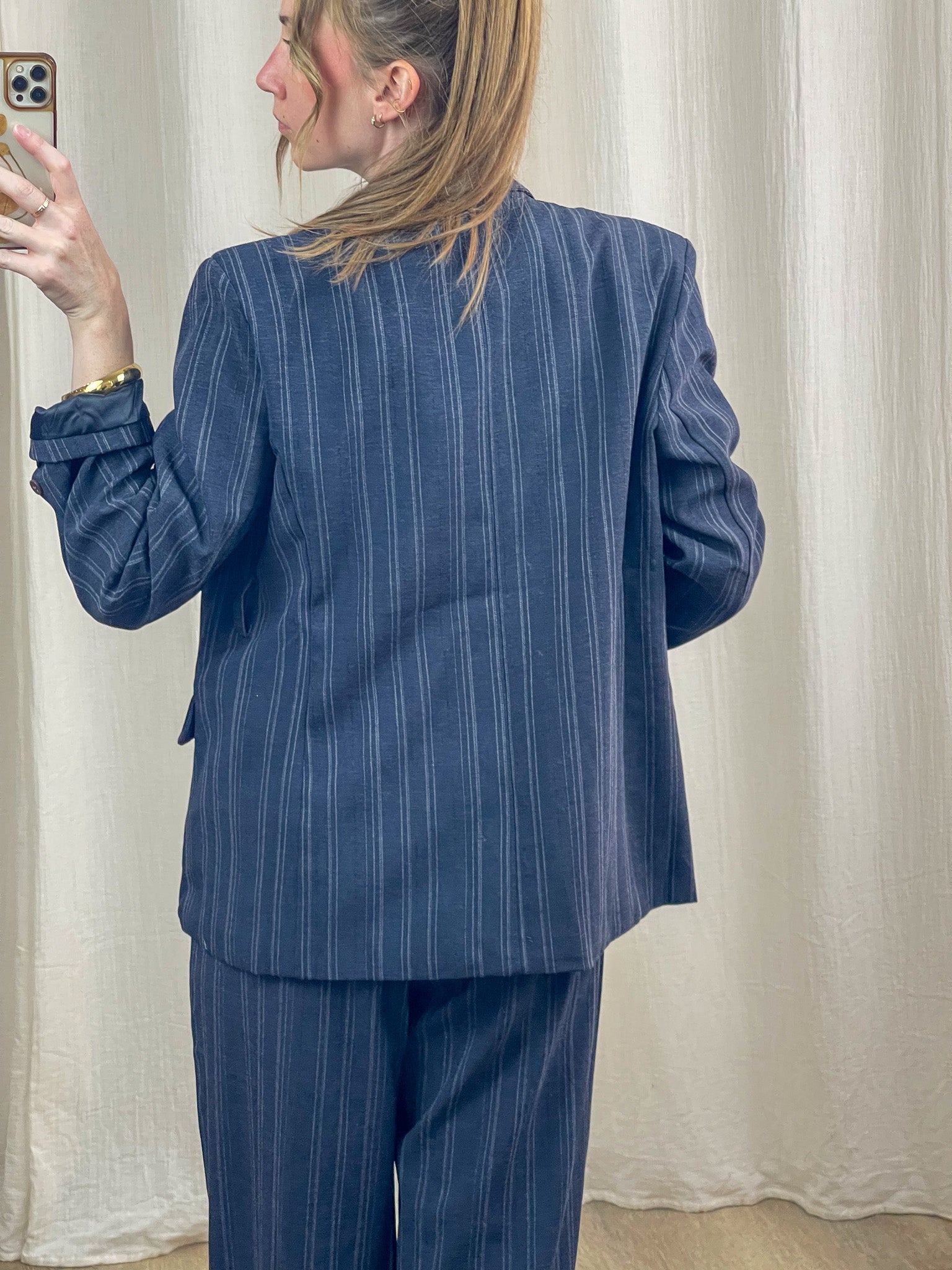 Blazer Sally bleu marine à rayures fines coupe oversize femme, ensemble tailleur coordonné style vintage
