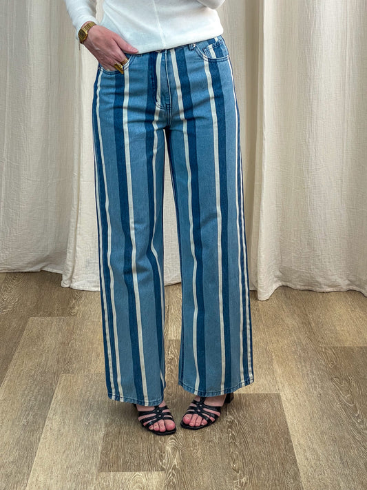 Jean wide leg femme rayures verticales bleu et blanc coupe large taille haute style rétro Ellie