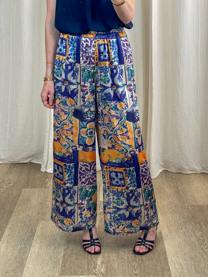 Pantalon large fluide femme imprimé azulejos bleu et jaune style bohème chic taille élastique