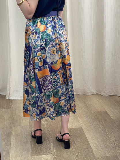 Jupe midi fluide imprimé carreaux méditerranéens bleu orange femme taille élastique style bohème chic été