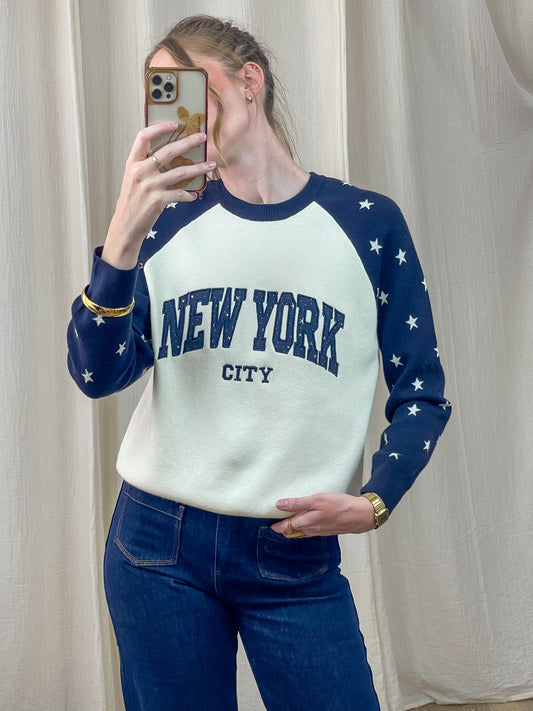 Pull New York City blanc manches raglan bleu marine étoiles femme style college américain casual