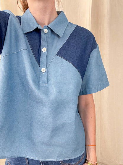 Chemisier Juliette en jean bicolore bleu clair et foncé, coupe polo décontractée manches courtes femme