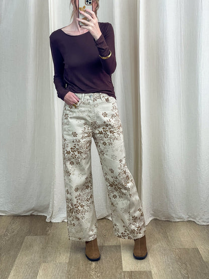 Pantalon Ingrid large imprimé floral beige et marron taille haute femme style bohème chic