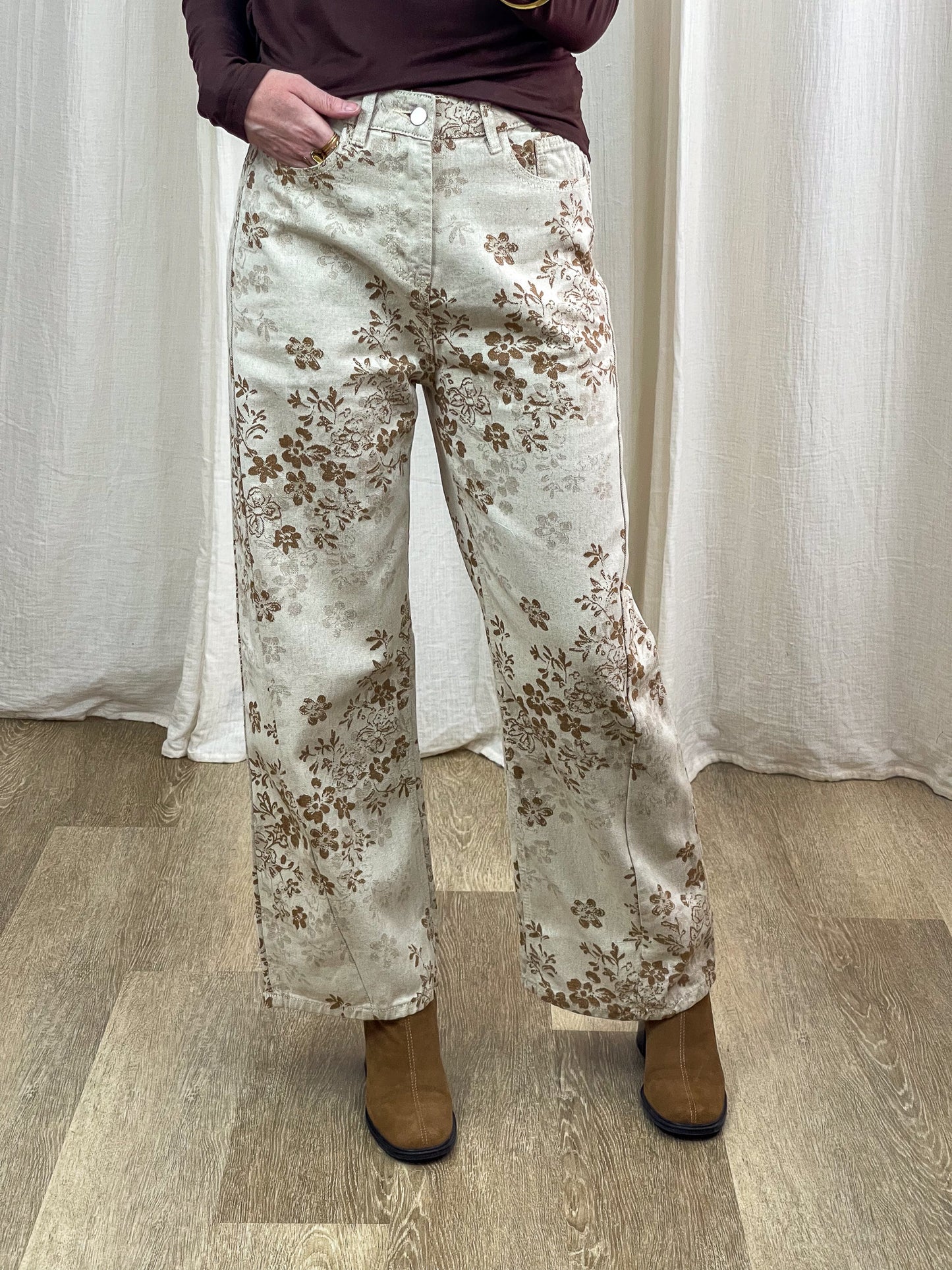 Pantalon Ingrid large fluide beige imprimé floral marron style bohème chic femme taille haute