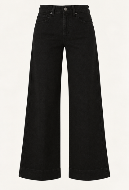 Jean wide leg taille haute noir femme coupe évasée style années 70 Vienna Oraije