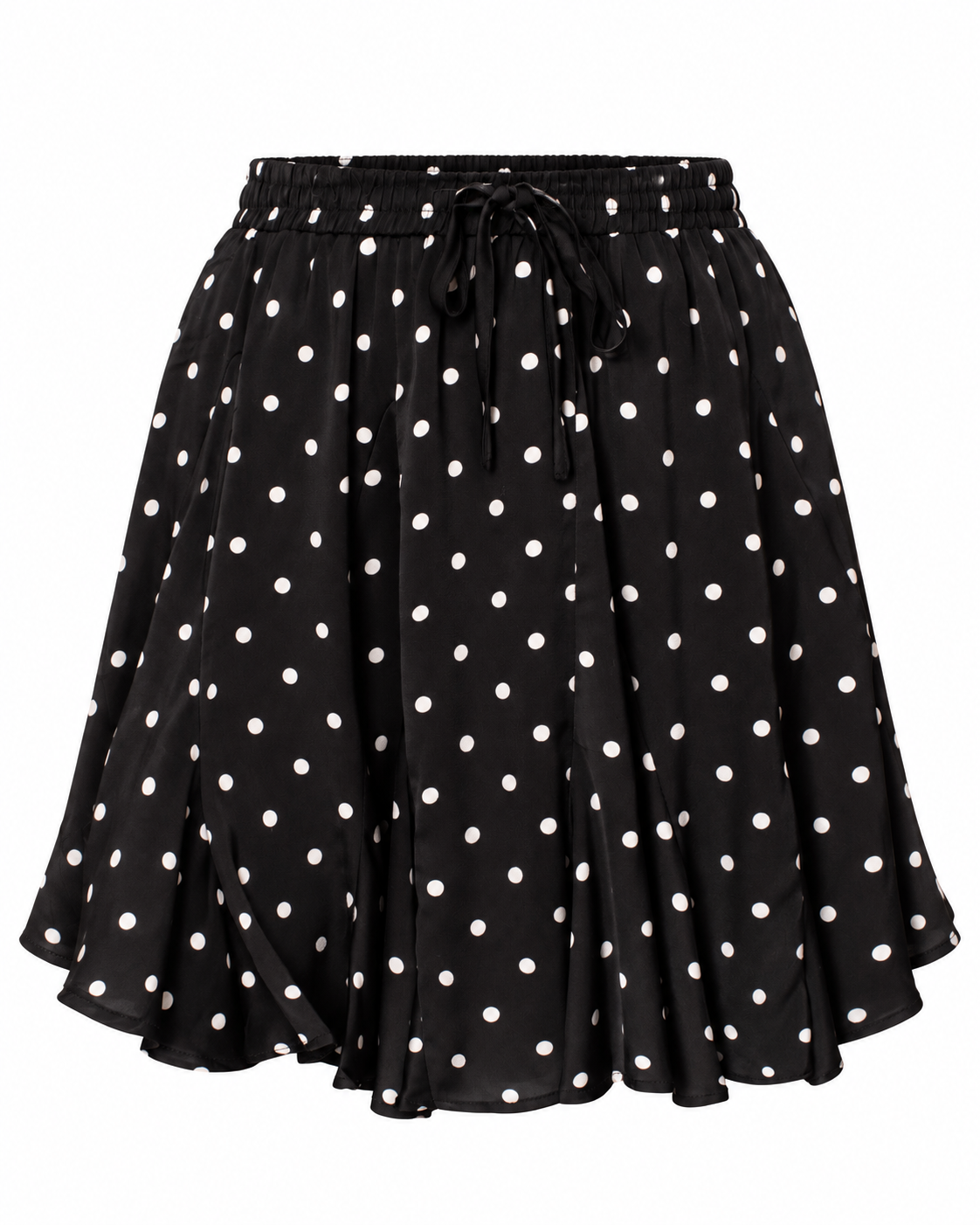Mini jupe patineuse noire à pois blancs avec taille élastique et lien noué style rétro femme