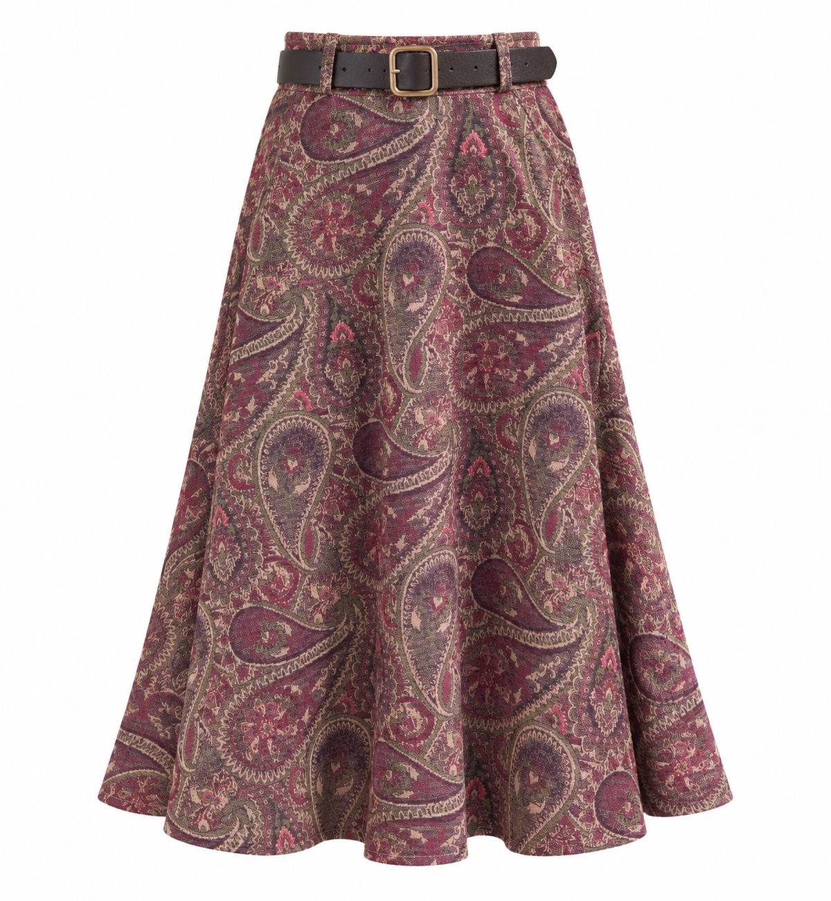 Jupe midi évasée motif cachemire bordeaux et beige avec ceinture cuir marron femme style bohème chic