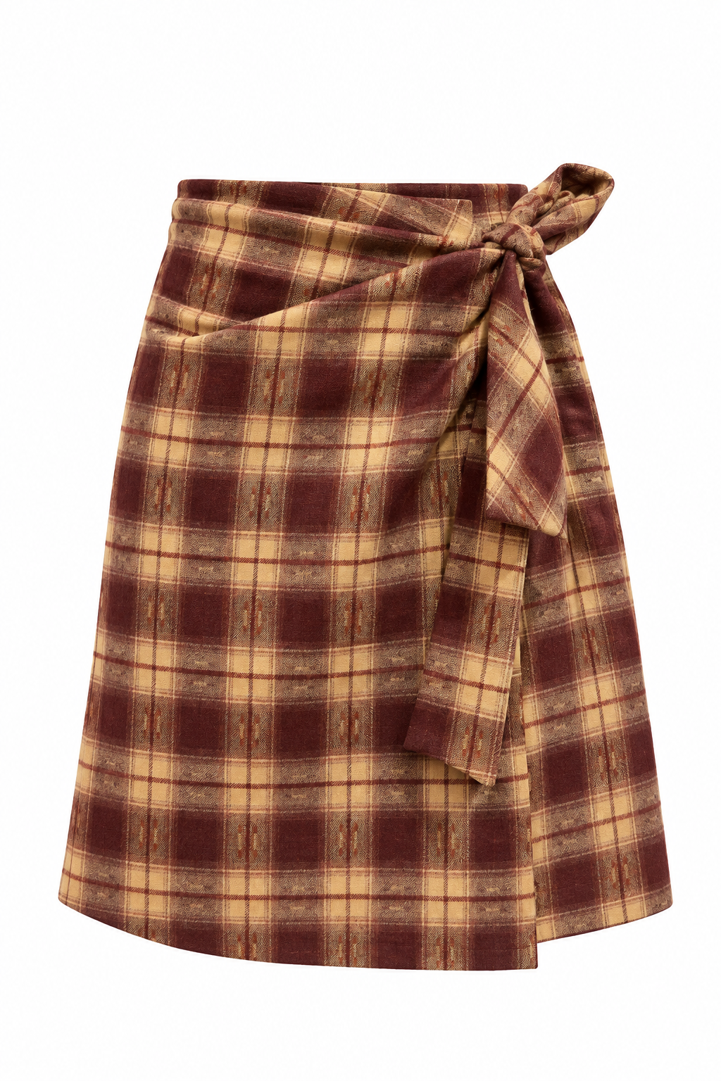 Mini jupe portefeuille carreaux bordeaux et beige avec nœud latéral style preppy femme automne