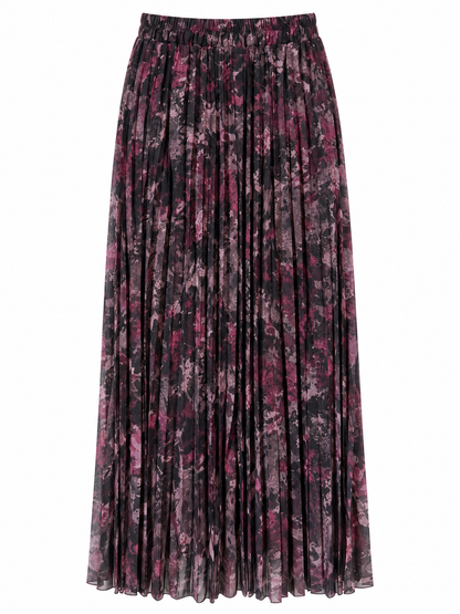 Jupe midi plissée imprimé floral abstrait bordeaux et noir taille élastique femme tendance automne