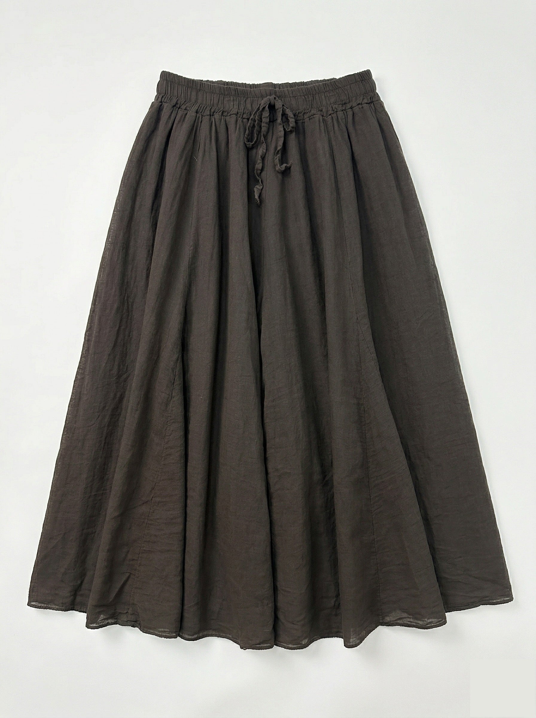 Jupe longue Zélie marron foncé en lin fluide avec taille élastique et lien à nouer style bohème femme