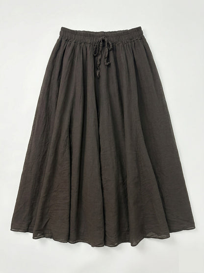 Jupe longue Zélie marron foncé en lin fluide avec taille élastique et lien à nouer style bohème femme