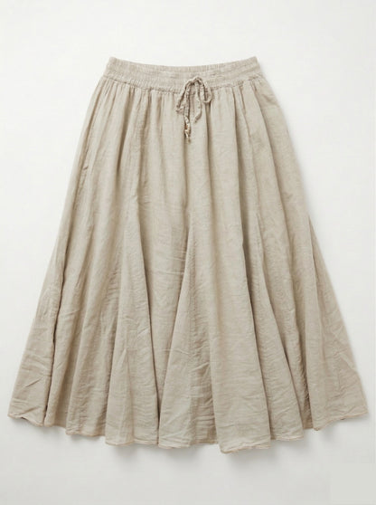 Jupe longue fluide beige naturel taille élastique avec lien à nouer style bohème femme coupe évasée lin