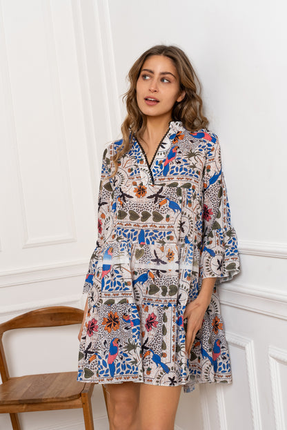 Robe Rebecca – Robe courte imprimée bohème à manches longues
