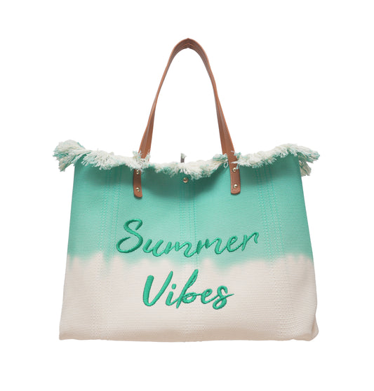 Sac de Plage Summer Vibes – Grand cabas toile tie-dye vert menthe broderie et franges