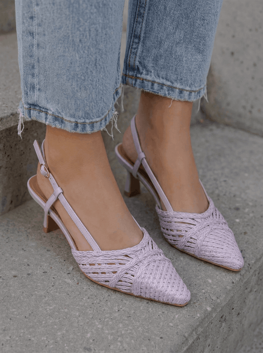 Sandales slingback tressées lilas à petit talon, chaussures femme élégantes printemps été, style raffiné