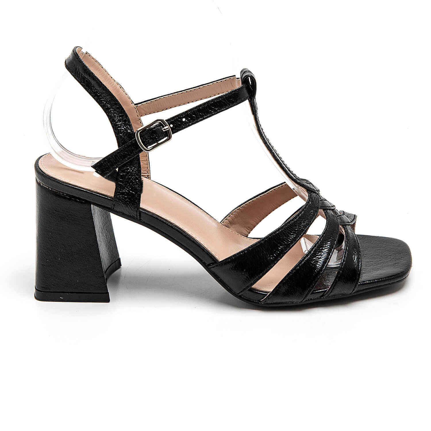 Sandales noires vernies à brides tressées et talon carré bloc femme chaussures élégantes