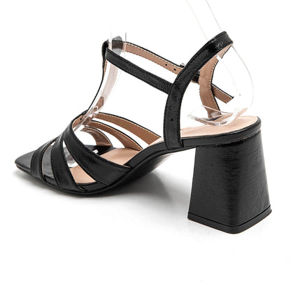 Sandales noires femme à brides multiples et talon carré bloc en cuir verni style élégant