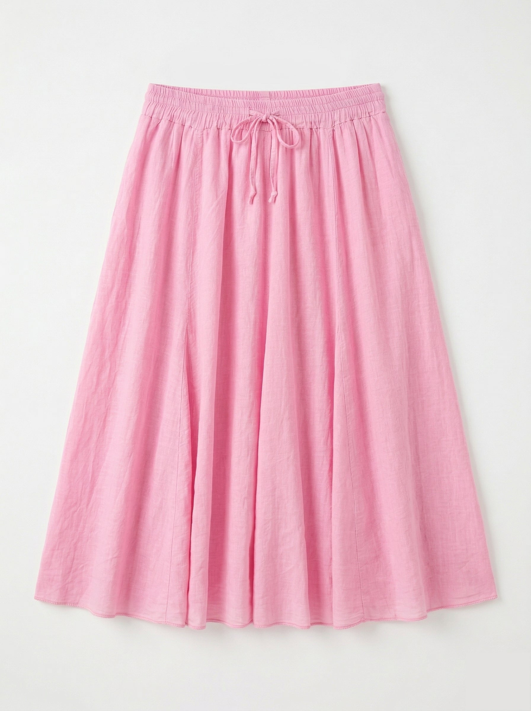 Jupe midi rose Zélie en lin avec taille élastique et lien à nouer, coupe évasée fluide femme été