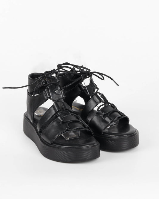 Sandales noires à lacets style gladiateur femme plateforme épaisse cuir