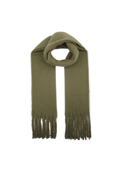 Écharpe kaki à franges en laine douce 210x45 cm accessoire hiver femme