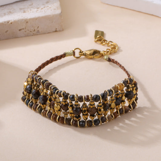 Bracelet pierre oeil de tigre femme multirangs perles facettées marron et or fermoir doré style bohème chic