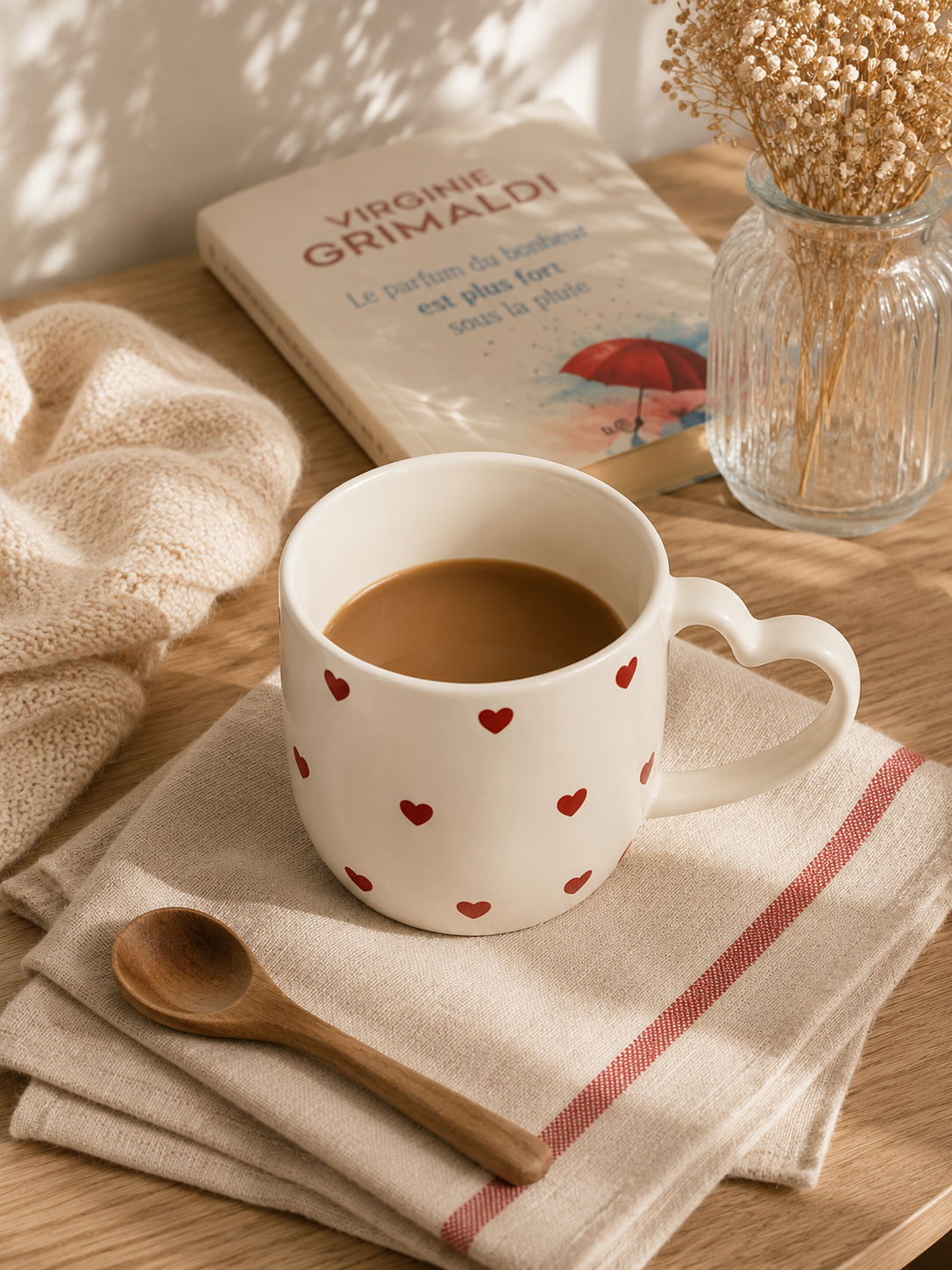 Mug Valentine 36cl blanc motifs cœurs rouges anse cœur Atmosphera déco romantique Saint-Valentin