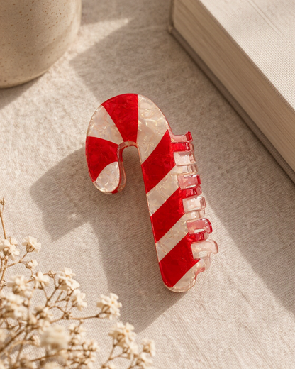 Pince à cheveux sucre d'orge rayée rouge et blanc effet nacré accessoire coiffure femme Noël fêtes