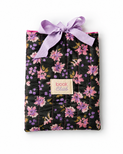 Pochette matelassée livre de poche noire motif floral violet rose avec nœud lavande et étiquette book club