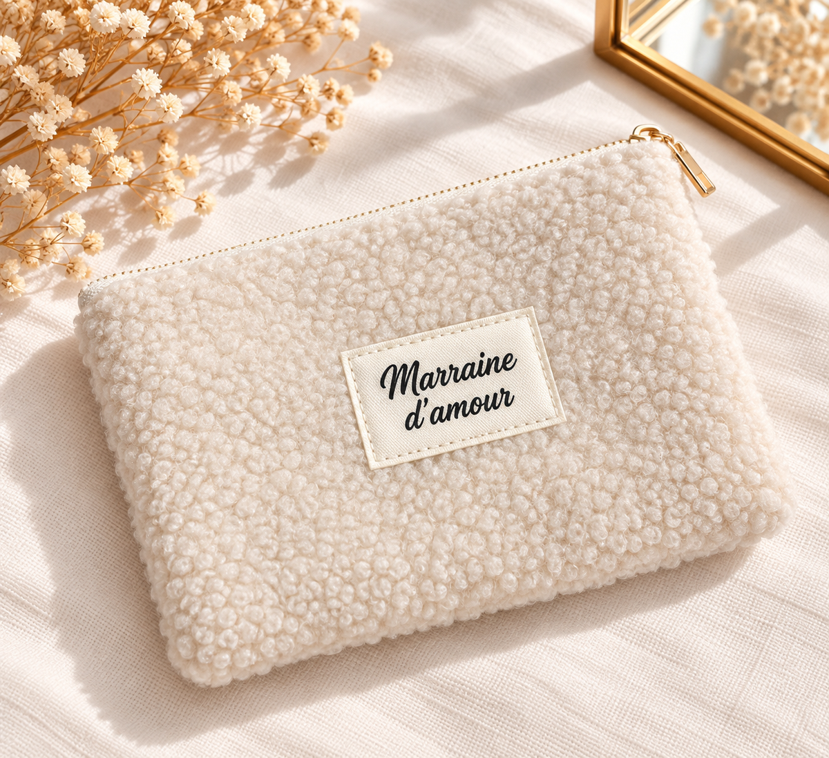 Pochette moumoute sherpa crème Marraine d'amour, trousse douce texture bouclée fermeture dorée cadeau marraine