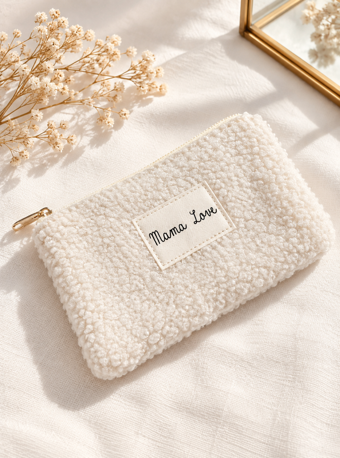 Pochette moumoute blanc crème Mama Love trousse teddy sherpa douce femme accessoire rangement maquillage