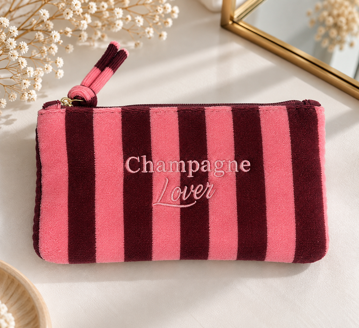 Pochette Champagne Lover - Trousse velours rayée rose et bordeaux