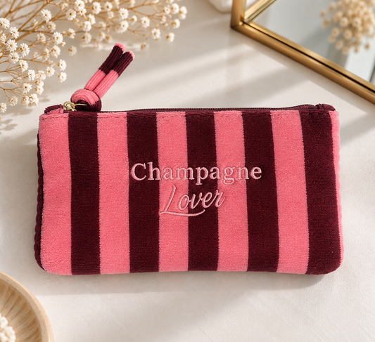 Pochette Champagne Lover - Trousse velours rayée rose et bordeaux