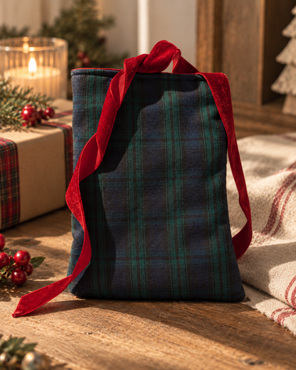 Pochette à livre tartan bleu vert avec ruban velours rouge personnalisable broderie prénom cadeau Noël
