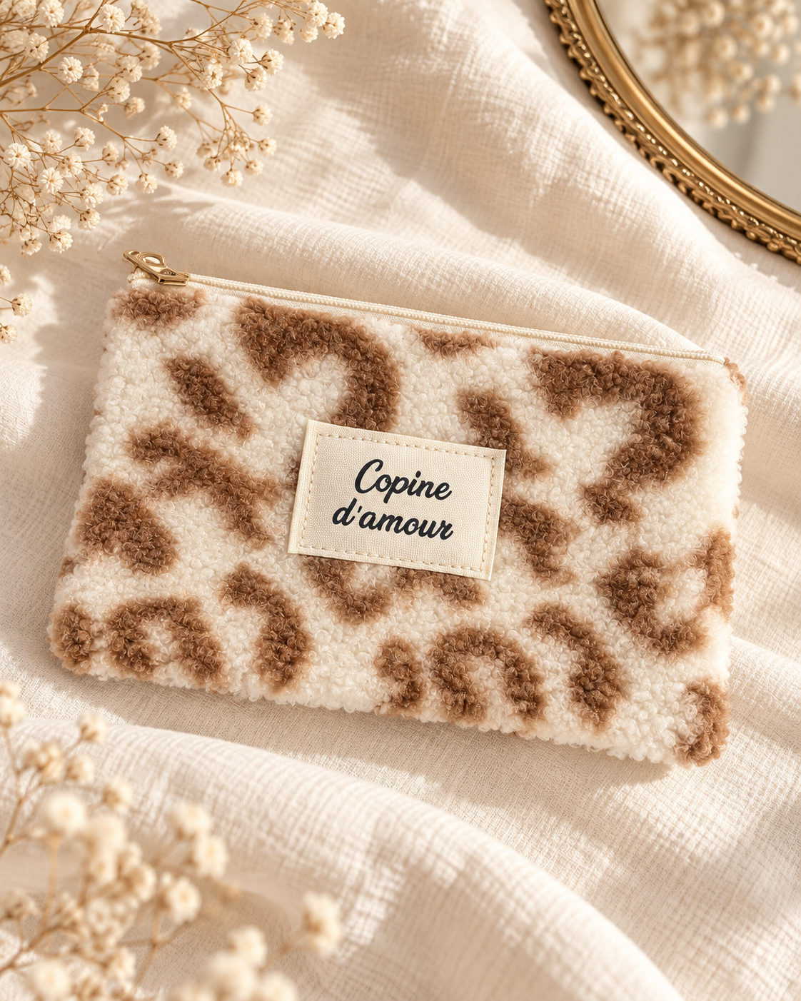 Pochette moumoute sherpa léopard beige et marron Copine d'amour, trousse douce femme tendance