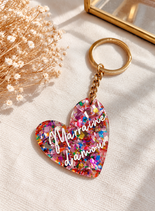 Porte-clé cœur en résine paillettes multicolores Marraine d'amour avec anneau doré idée cadeau marraine