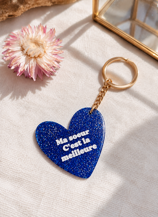 Porte-clé coeur paillettes bleu en résine avec inscription Ma soeur c'est la meilleure idée cadeau soeur