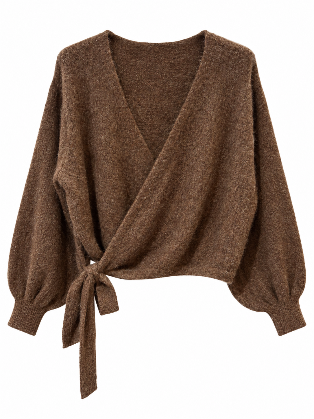 Gilet portefeuille Sarah marron en maille douce avec manches bouffantes et lien à nouer femme