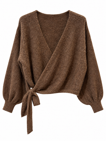 Gilet portefeuille Sarah marron en maille douce avec manches bouffantes et lien à nouer femme