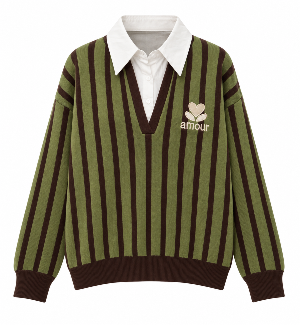 Pull 2 en 1 rayures verticales vert et marron avec col chemise blanc intégré broderie amour style preppy femme