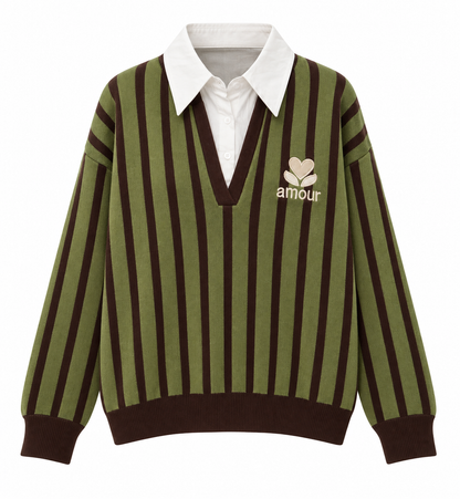 Pull 2 en 1 rayures verticales vert et marron avec col chemise blanc intégré broderie amour style preppy femme
