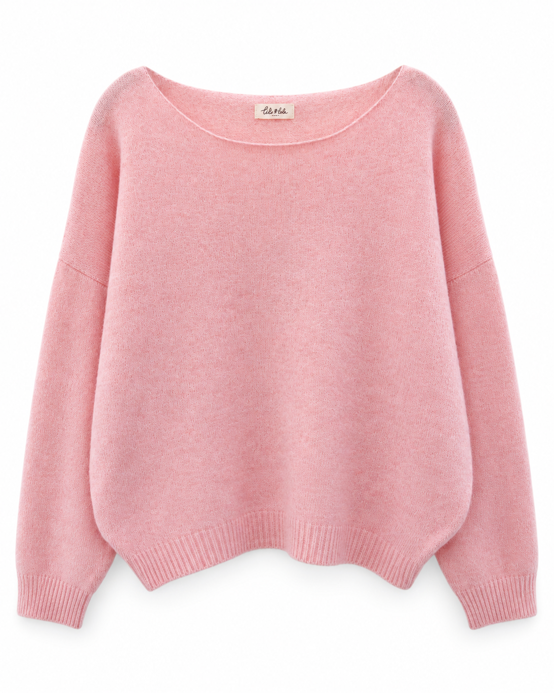 Pull femme rose pastel oversize col bateau en maille douce, coupe ample manches chauve-souris style cocooning