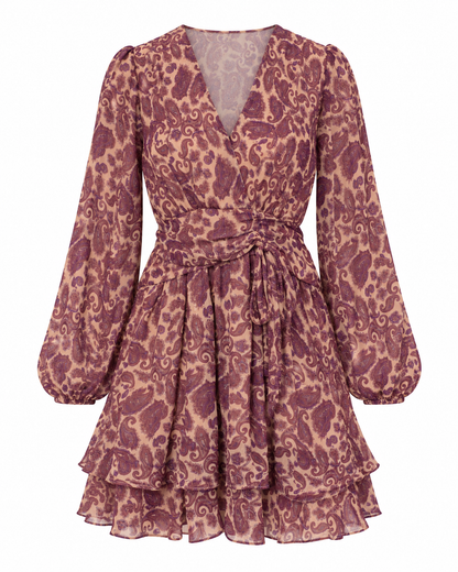 Robe courte imprimé cachemire beige et prune col V manches longues bouffantes style bohème chic femme