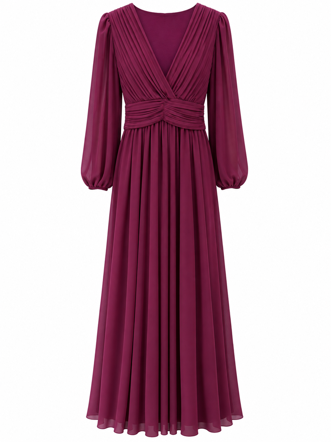 Robe longue cérémonie mousseline bordeaux manches longues bouffantes col V plissé femme élégante