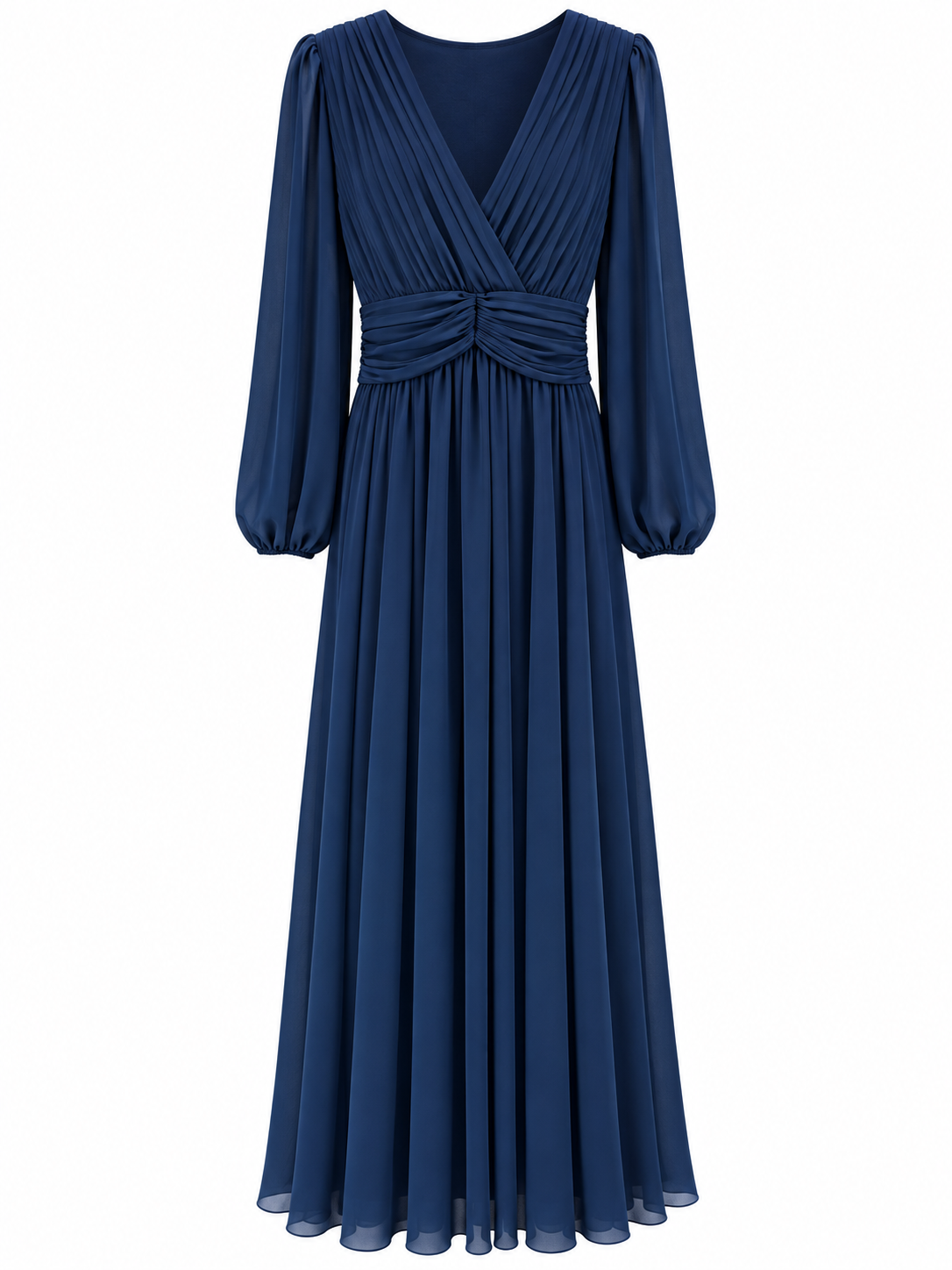 Robe longue de cérémonie bleu marine en mousseline plissée manches longues col V femme élégante