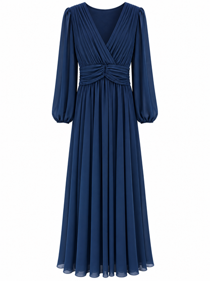 Robe longue de cérémonie bleu marine en mousseline plissée manches longues col V femme élégante