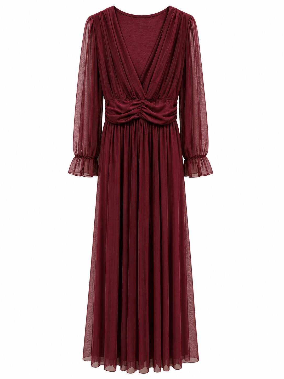 Robe longue cérémonie bordeaux en tulle doux manches transparentes col V drapé femme élégante