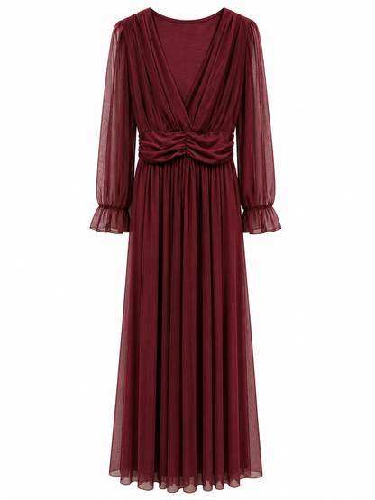 Robe longue cérémonie bordeaux en tulle doux manches transparentes col V drapé femme élégante