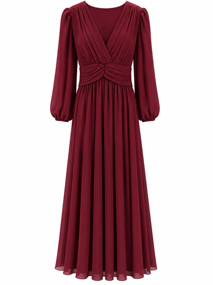 Robe longue de cérémonie bordeaux en mousseline plissée col V manches longues bouffantes femme élégante