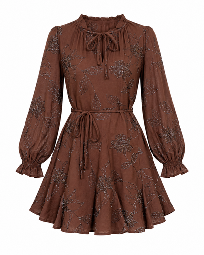Robe patineuse imprimé floral - Robe marron évasée brodée