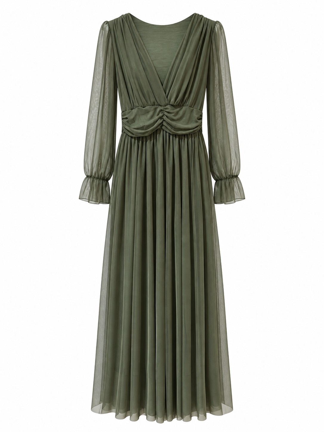 Robe longue cérémonie tulle vert olive femme manches longues transparentes col V drapé style bohème chic